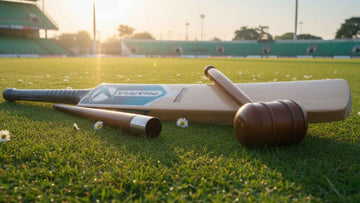 Wooden mallet knocking in an English willow bat to prepare the blade