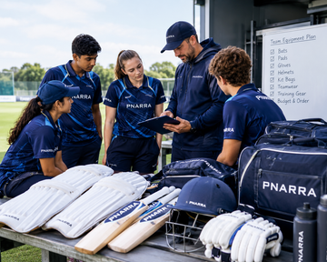 PNARRA cricket club players and coach reviewing an equipment plan with bats, protective gear, teamwear and kit bags