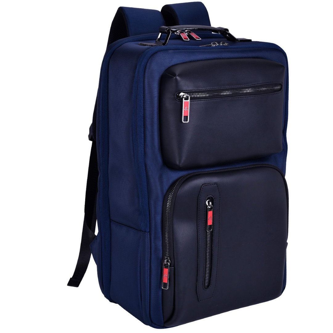 Blue and black backpack on a white background