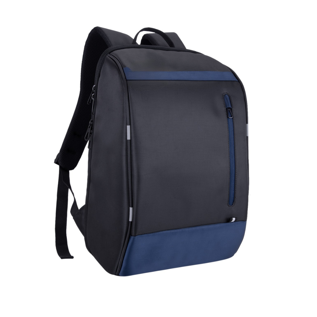 Black and blue backpack on a white background