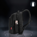 Black backpack with a water bottle holder on a dark background