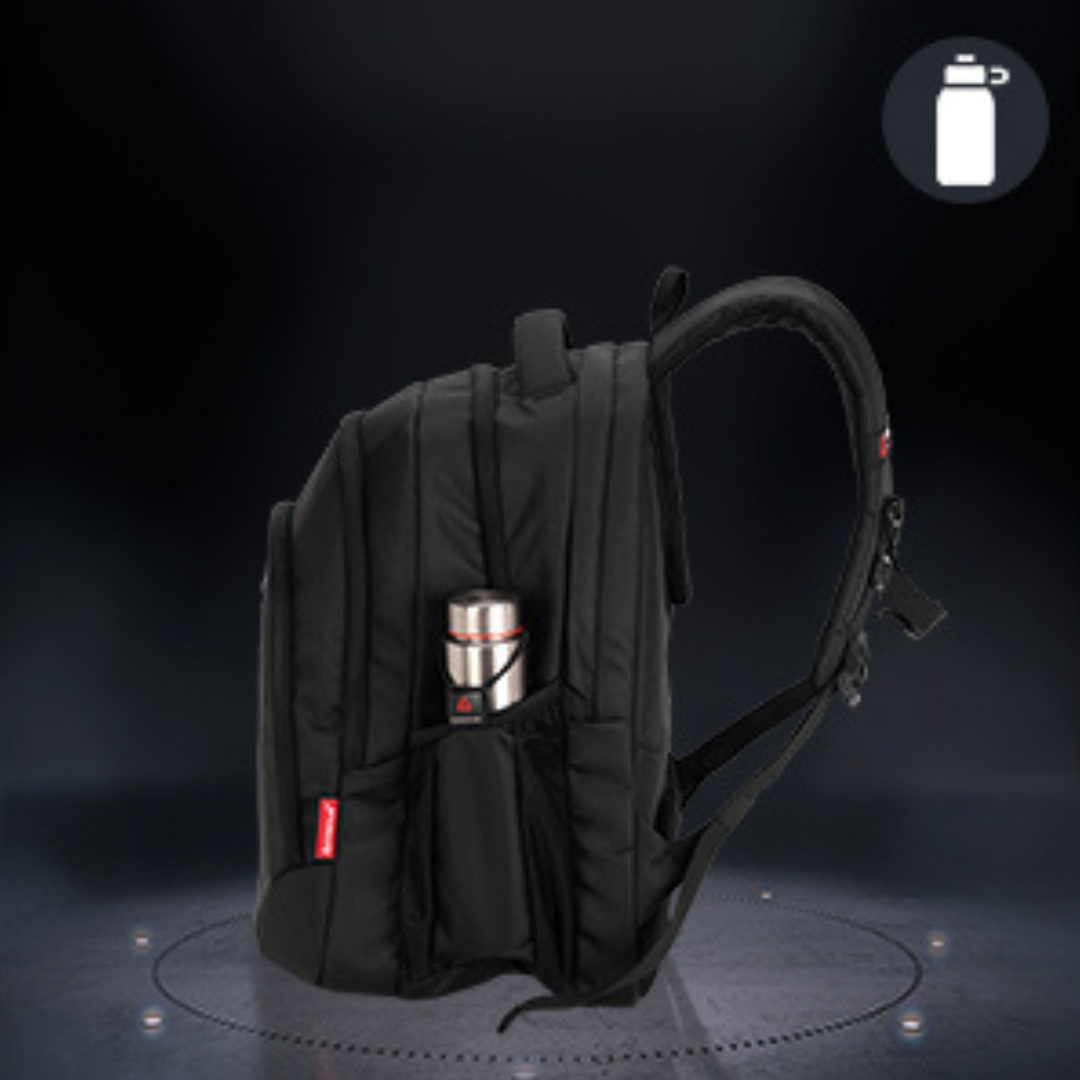 Black backpack with a water bottle holder on a dark background