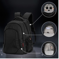 Black backpack with detailed insets on a dark background