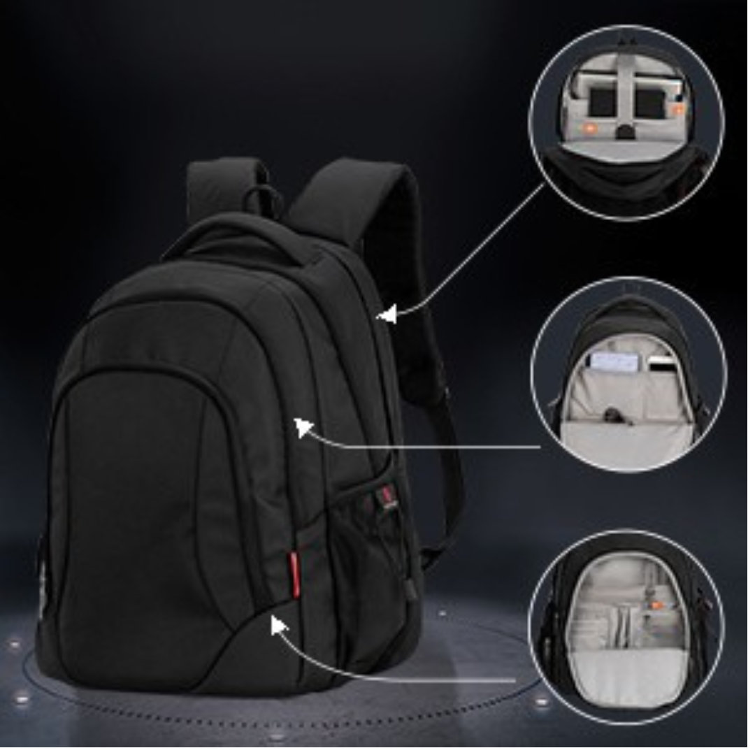 Black backpack with detailed insets on a dark background