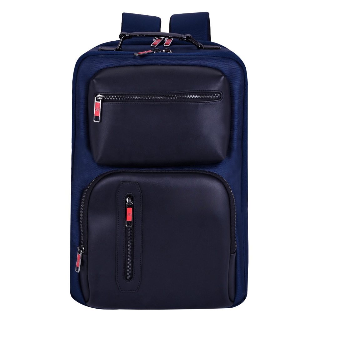 Navy blue backpack with zippers on a white background