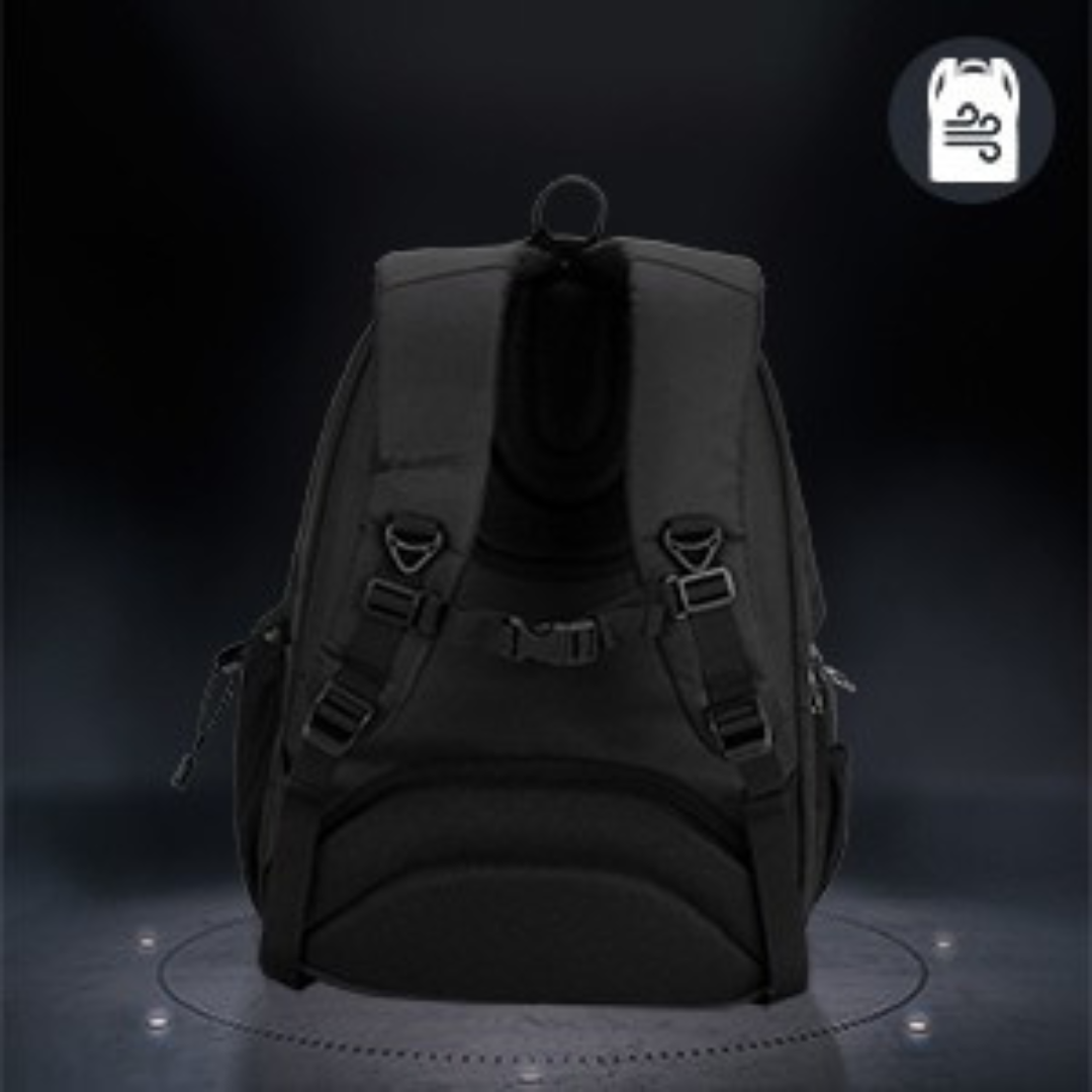 Black backpack on a dark background with a glowing effect