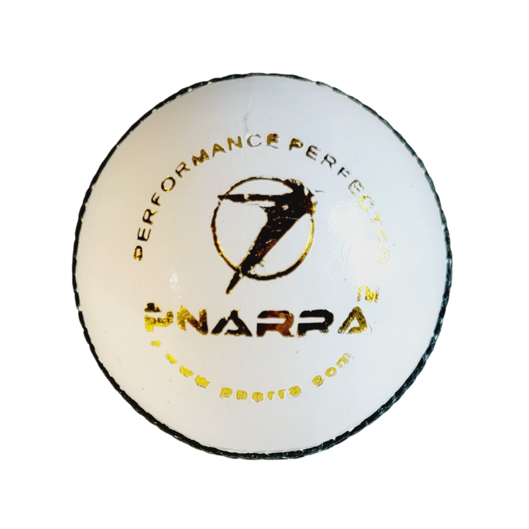 Crafted for excellence, the PNARRA white four-piece leather cricket ball offers superior durability and control for professional matches.