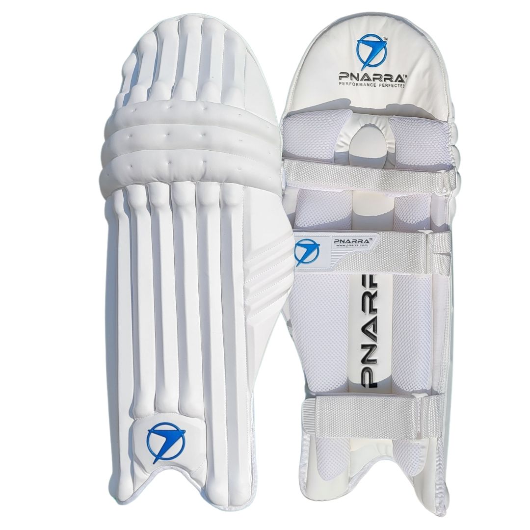 PNARRA white test batting pads with classic design and full leg protection