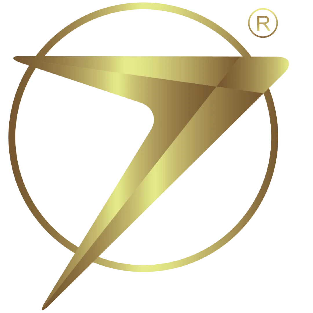 Gold logo with a circular design on a white background