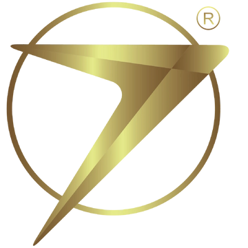 Gold logo with a circular design on a white background