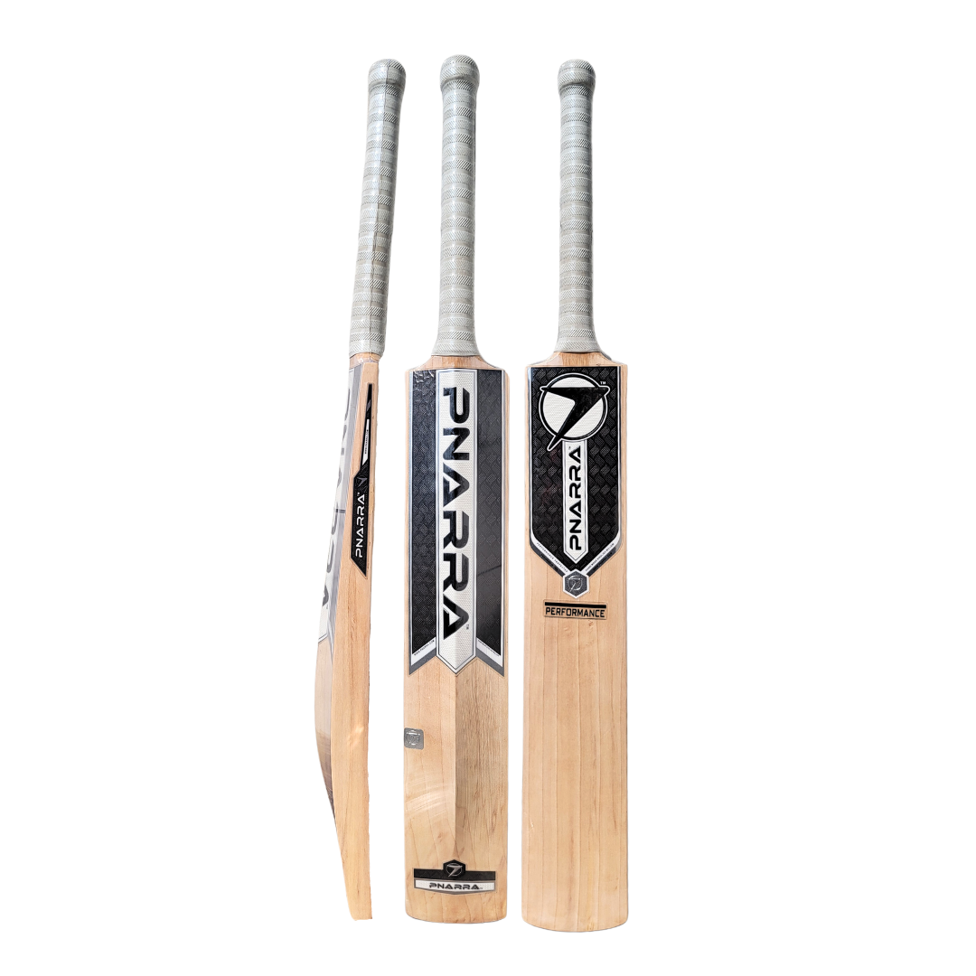 PNARRA Performance Edition English Willow Cricket Bat displaying full profile with mid-to-low sweet spot and thick edges