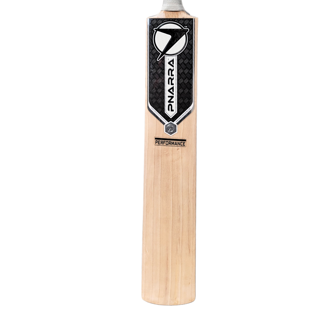PNARRA Performance Edition English Willow Cricket Bat displaying full profile with mid-to-low sweet spot and thick edges