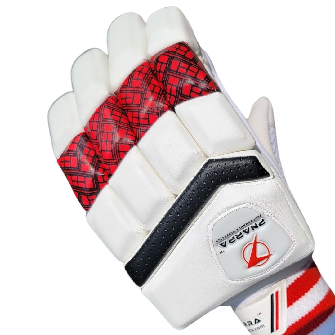 PNARRA Redline batting gloves with red, white, and black design, featuring premium padding and finger protection