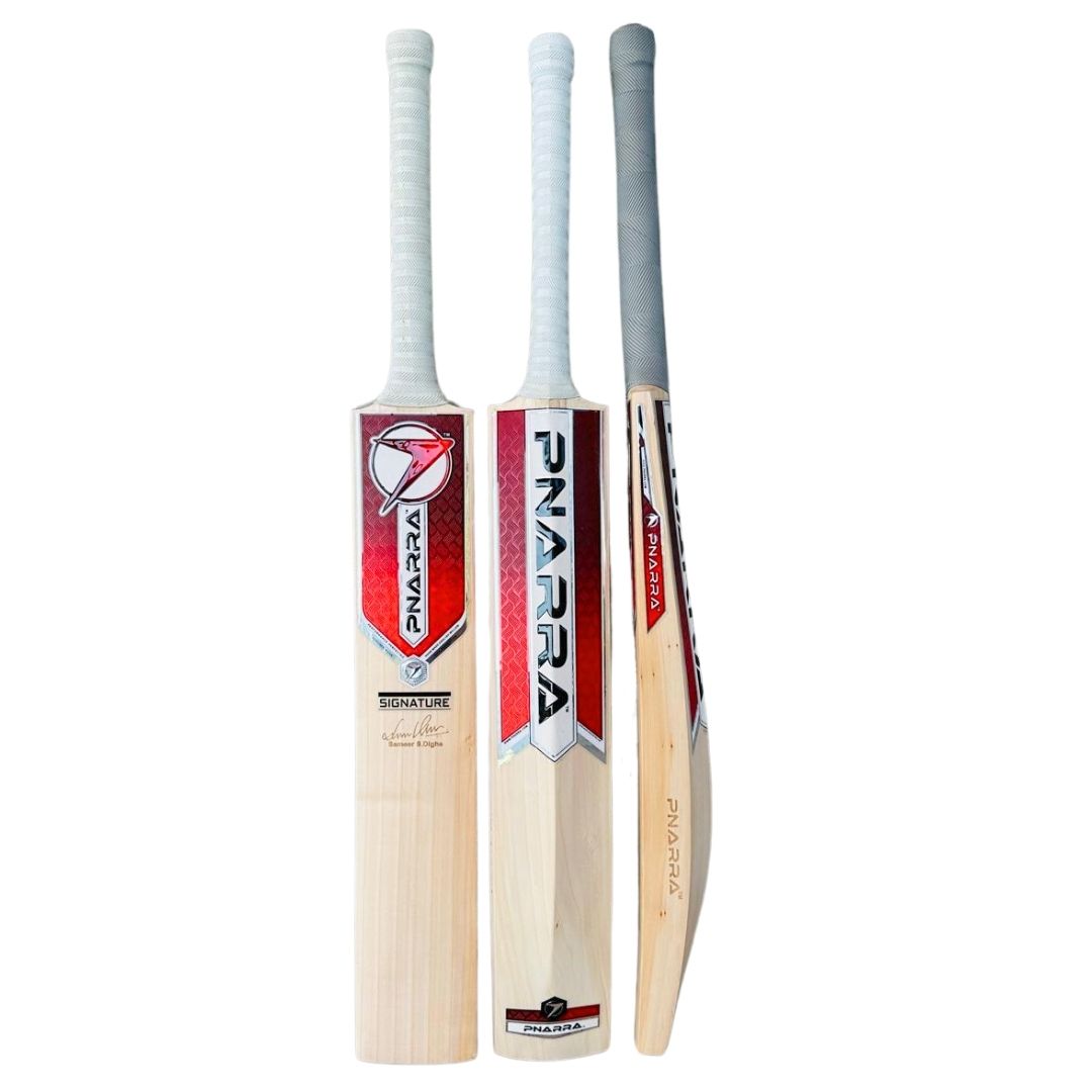 Grade 1 English Willow PNARRA Signature bat with clean grains and balanced profile.
