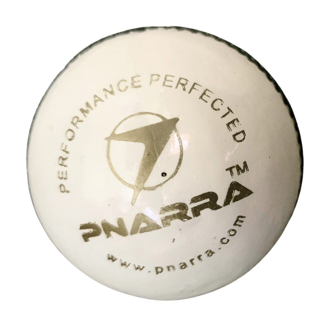 Premium PNARRA white cricket leather ball with four-piece construction for superior control.