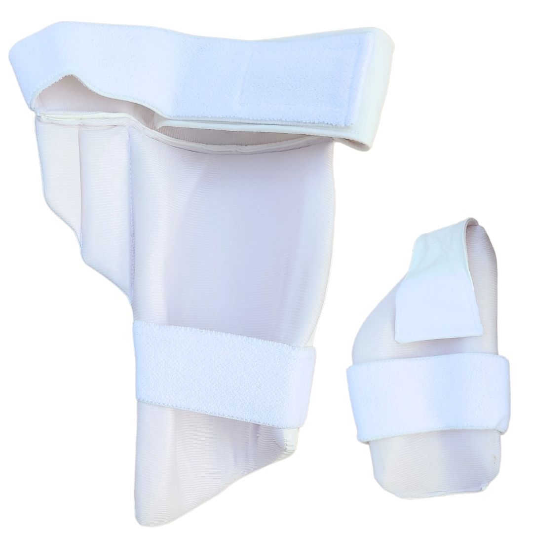 White PNARRA cricket thigh pad combo with inner and outer guards