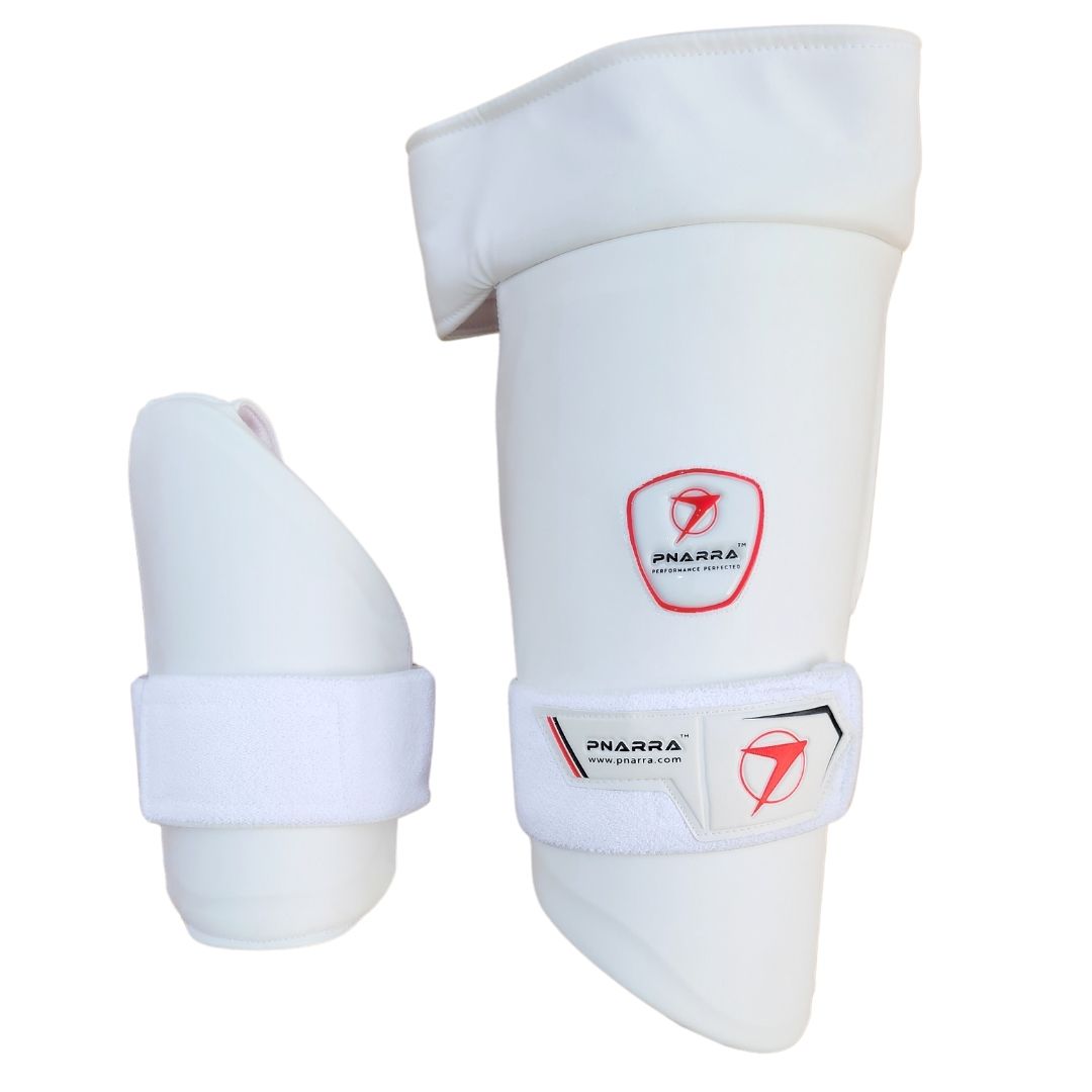 White PNARRA cricket thigh pad combo with inner and outer guards