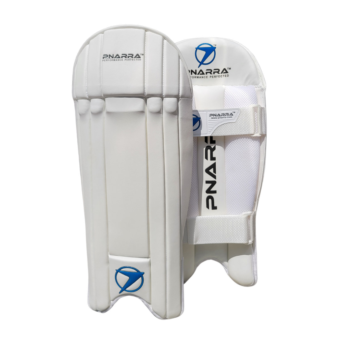 PNARRA White Wicket Keeping Pads featuring lightweight construction for enhanced agility