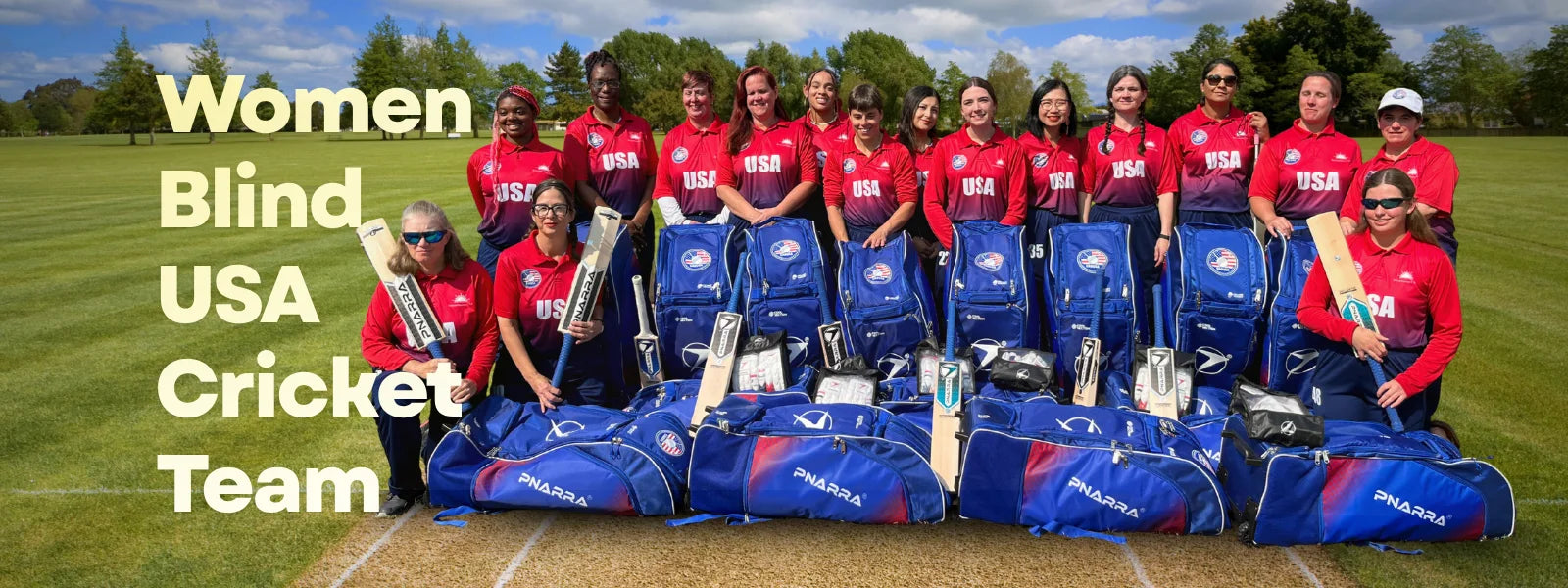 Women Blind USA Cricket Team posing with cricket equipment on a field